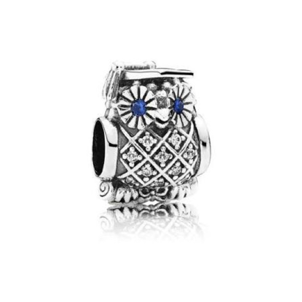 Pandora Silver Owl Charm with Blue Details